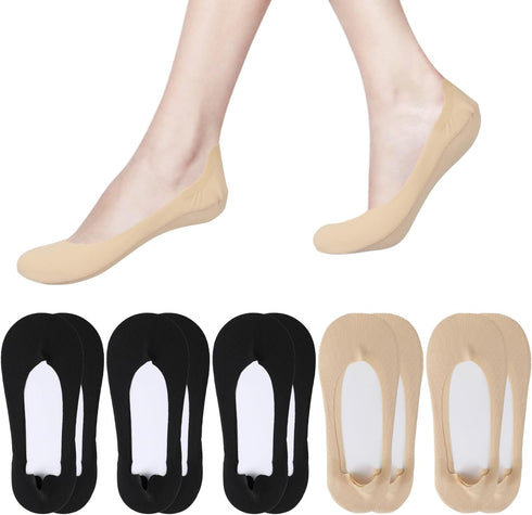 No Show Socks Womens Ultra Low Cut Liner Socks Non-Slip Invisible Liner Socks for Flats Heels Pumps, 5 Pairs, Sizes 5-8, 3 Black + 2 Nude...