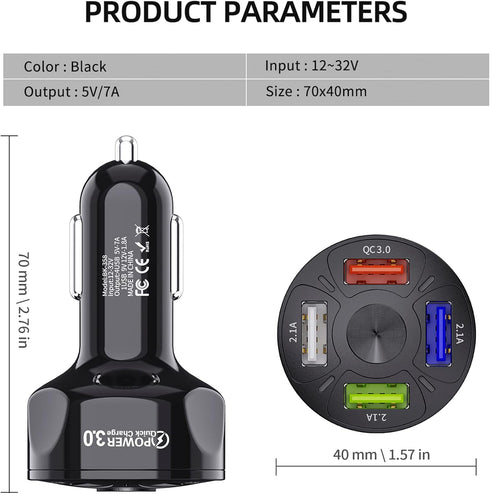Amiss QC3.0 Car Charger Adapter, 4 Ports USB Car Charger, Fast Charging Electronic Devices with USB Interface, Car Interior Accessories, Compatibl...