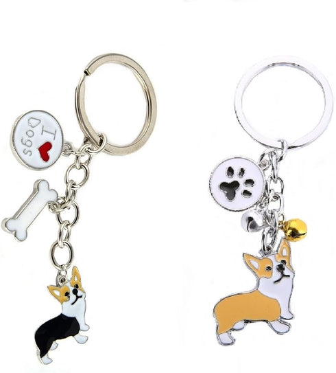 Stock Show 2Pcs/Pack Cute Corgi Keychain Keyrings with Paw and Bone Heart Bells Pendants for Car Women Purse Bag KeyChain Ring Kids Friends Dog Lo...