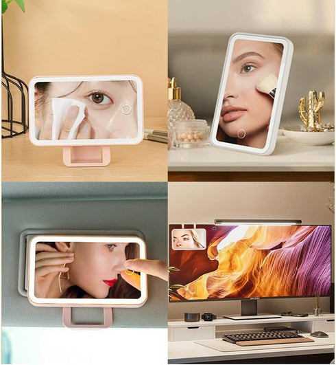 Car Sunshade Mirror Clip Vanity Mirror, Car Sun Visor Makeup Mirror Surround LED Lights Touch Screen Plug and Play with Back Clip, Universal for C...
