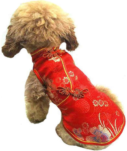 SEIS Pet Costume Tang Suit Dog Cheongsam Satin Clothes Chinese Style Clothing for Dogs Pet Skirt Puppy Cats Dress Dog Vest Tshirt (Red, XXS)...