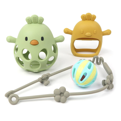 Baby Sensory 4-Piece Toy Set: Hollow Hand-Gripping Chicken Teether, Teething Mitten, Rattle Ball, and Anti-Drop Toy Strap (Green/Mango)...