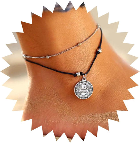 Boho Layered Wax Rope Anklets Silver Coin Ankle Bracelet Vintage Coin Disc Pendant Anklet Bracelet Satellite Anklet Ball Beaded Foot Chain Jewelry...