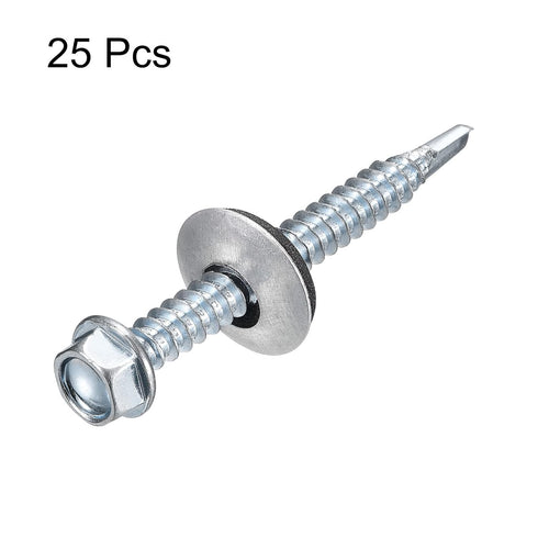 uxcell #12 x 2" Self Drilling Screws with Rubber Washer, 25pcs Zinc Plated Steel Roofing Screws Hex Head Self Tapping Screws with EPDM Washer for ...