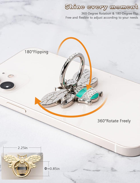 Allengel Bee Phone Ring Holder Finger Kickstand with Crystal, Cute Phone Ring Grip Holder for iPhone or Smartphone Cases, Silver Turquoise...