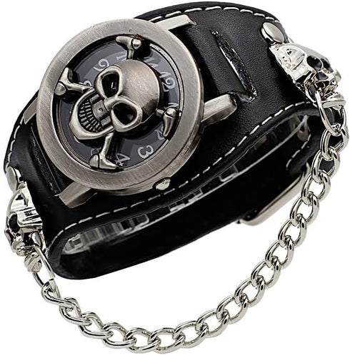 Cool Leather Punk Skull Quartz Men's Wrist Watch,Skull Flip Cover Women's Watch,Skull+Chains+Rivets Elements,Fashion for Valentine's Day Gift...