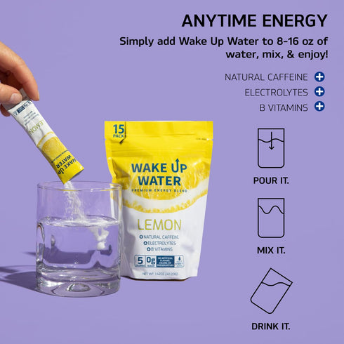 Wake Up Water - Energy + Hydration Sugar Free 15 Packet, Lemon Flavor - Energy Drink Powder, Electrolytes Powder Drink, Natural Caffeine Mix Packe...