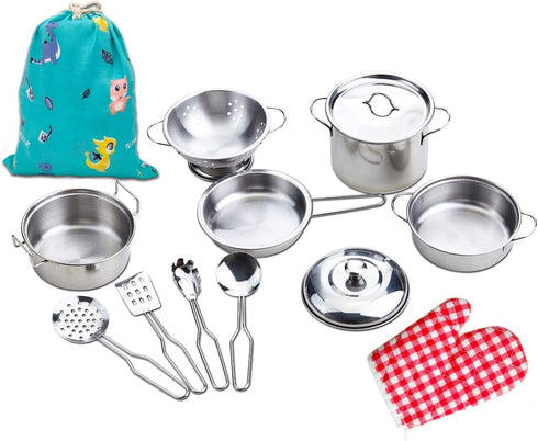 Play Pots and Pans Sets for Kids, Stainless Steel Cookware Toys Gift Set for Christmas, Pretend Play Kitchen Accessories, Role Play Educational To...