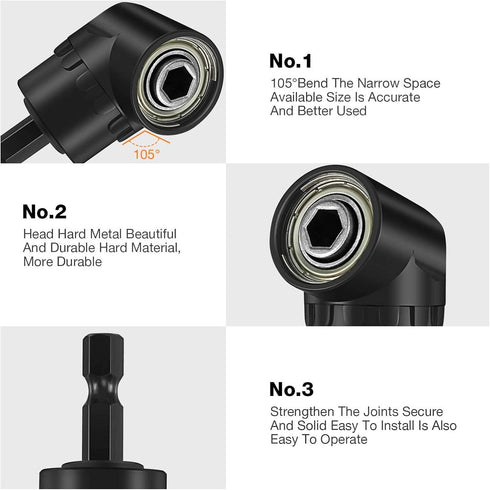 Right Angle Drill Adaptor,4-in-1 Impact Drill Bit Extension,360° Rotatable 1/4 3/8 1/2" Impact Grade Socket Adapter Set,105 Degree Angle Screwdriv...