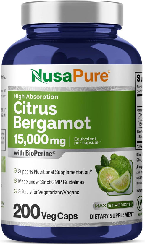 NusaPure Citrus Bergamot Capsules 15,000mg, 200 Capsules - 25:1 Bergamot Extract - 200 Servings, Bioperine, Vegan, Non-GMO...