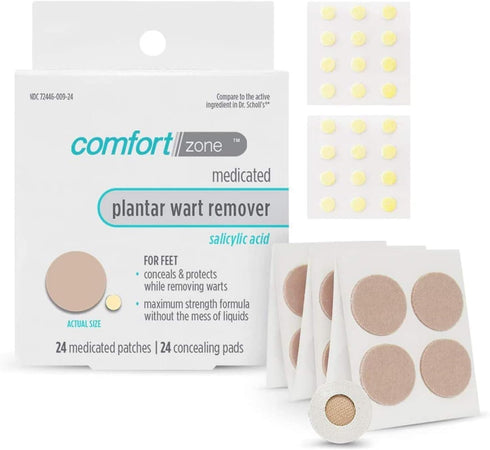Comfort Zone Plantar Wart Removal Kit, Maximum Strength Salicylic Acid Plantar Wart Remover for Feet with Medicated Patches & Concealing Pads, 24 ...