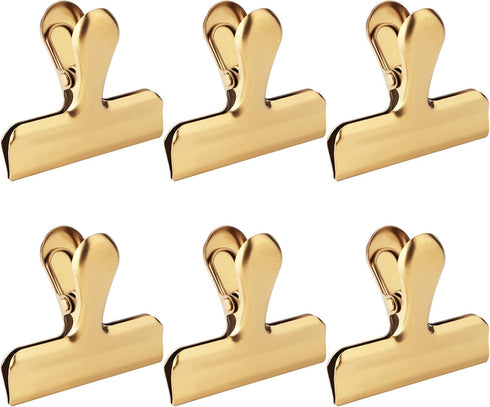 6pc-3 Inch Wide Stainless Steel Paper Clamps Heavy Duty Food Bag Clamp,Seal Clip, Chip Clips Metal Hinge Clip File Clamps for Kitchen&Office (Gold...