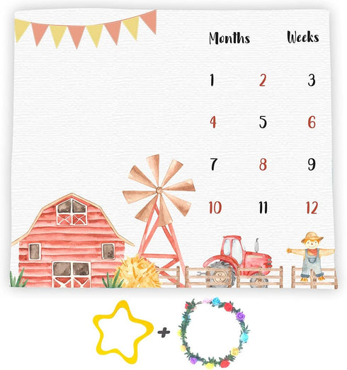 Farm Theme Baby Monthly Milestone Blanket, 48x40in Soft Flannel, Tractor and Barn Backgrounds, Newborn Mom Gifts, Baby Shower Age Growth Tracker w...
