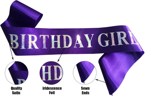 Birthday Girl Sash,Purple Satin Silver Iridescence Glitter Foil Sash,Queen Princess Party Decorations,Women's Birthday Party Supplies,16,18,21,30,...
