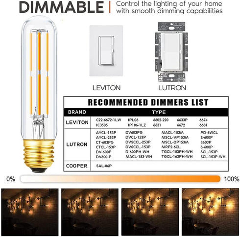 Leools T10 Led Bulb,Dimmable 6W Led Tubular Bulbs,E26 LED Edison Bulb, 60 Watt Incandescent Bulb Equivalent,Warm White 2700K, Clear Glass, E27 Lam...
