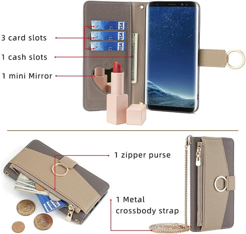 Asuwish Phone Case for Samsung Galaxy S8 Wallet Cover with Screen Protector and Mirror PU Leather Flip Cover Ring Credit Card Holder Crossbody Str...