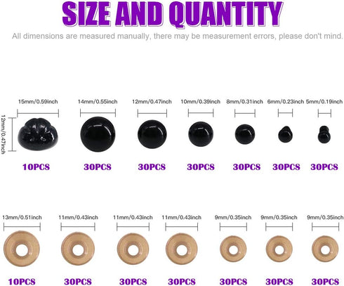 Swpeet 190Pcs Black Assorted Sizes Plastic Safety Eyes and 10 Pcs Noses Set for Doll, Puppet, Plush Animal Making and Teddy Bear...