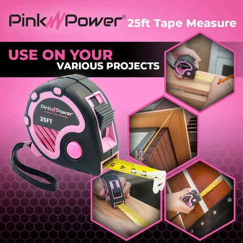 Pink Power 25ft Pink Tape Measure - Pink Measuring Tape Measure for Womens Tool Kit with Retractable Blade and Lock Button - Girls Tape Measure fo...