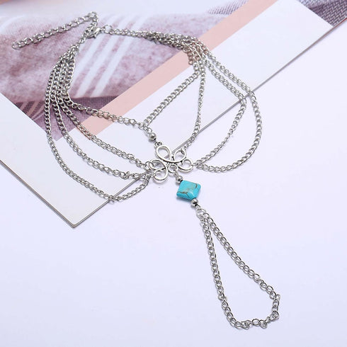 Boho Layered Turquoise Ankle Silver Tassel Barefoot Sandals Bracelet Toe Ring Foot Anklets Summer Beach Anklet Bracelet Foot Chain Jewelry for Wom...