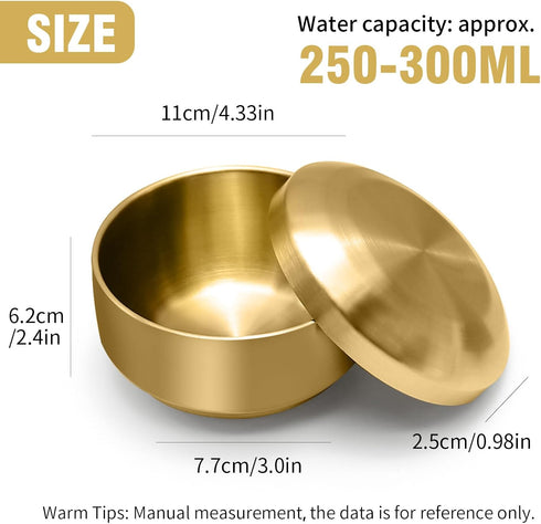 Stainless Steel Rice Bowl with Lid, Set of 2, for Korean Kitchen Restaurant, Double-walled Metal Bowls, Multi-Purpose Insulated Soup Bowls Snacks ...