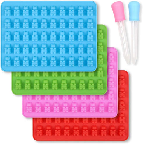 homEdge Silicone Gummy Bear Candy Molds, Set of 4 Packs Non Stick Food Grade Chocolate Gummy Mold Bonus with 2 Dropper-Blue, Red, Green and Pink...