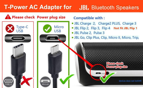 T-Power AC Adapter Charger for JBL Charge 3, Charge 2, Flip 4, Flip 3, Flip 2, Pulse 3, Pulse 2, Pulse, GO, Clip Plus, Clip, Micro II, Micro, Trip...