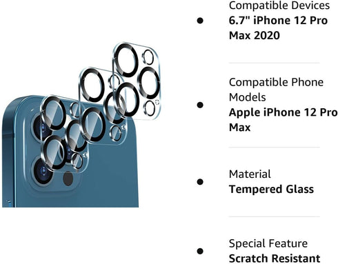imluckies Camera Lens Protector for 6.7" iPhone 12 Pro Max Tempered Glass, HD Clear & 9H Hardness, Case-Friendly, Scratch Resistant, Easy Installa...
