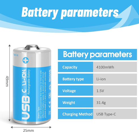 Rechargeable Lithium C Batteries with 4 in 1 USB-C Charge Cable,4 Pack C Cell Li-ion Battries,LR14 1.5V C Size Cell Battery Replacement 4100mWh fo...