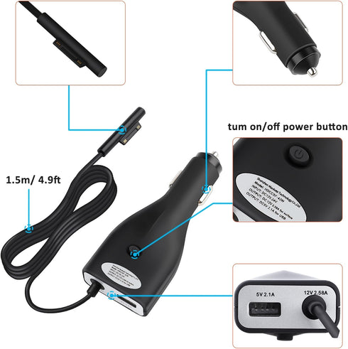 Surface Pro Car Charger, 42W 12V 2.58A Power Supply for Microsoft Surface Pro 3 Pro 4 Pro 5 Pro 6 Surface Go Surface Laptop & Surface Book with 5V...