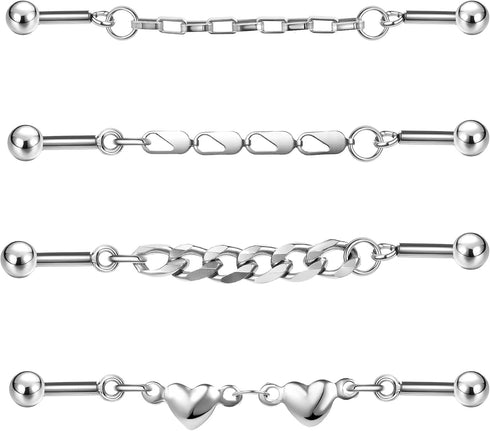 ZS 4Pcs 14G Chain Industrial Barbell Earring, 316L Surgical Steel Chain Cartilage Helix Stud Earrings, Industrial Bar Piercing Jewelry for Women M...