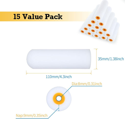 Small Paint Roller Kit, 15PCS 4 Inch Mini Foam Paint Roller Cover with 1 Paint Tray and 1 Roller Frame, Foam Paint Rollers Refills House Painting ...