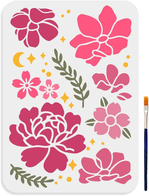 Peony Cherry Blossoms Stencil 11.7×8.3inch Blooming Peony Sakura Stencils with Paint Brush Nature Flower Moon Star Templates for Wood Canvas Paper...