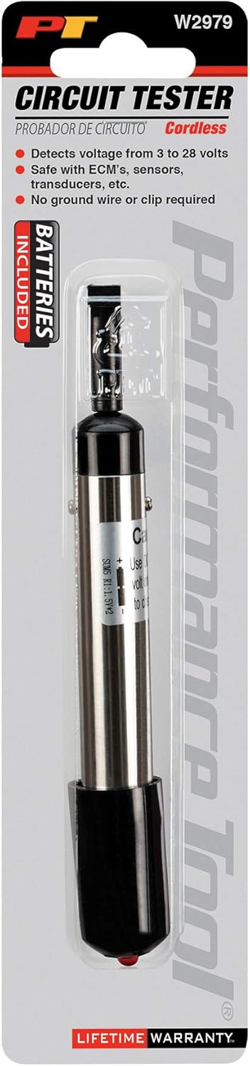 Performance Tool W2979 Cordless Circuit Tester (3 to 28 Volt) Safe with ECM's, Sensors, Transducers and More Black...