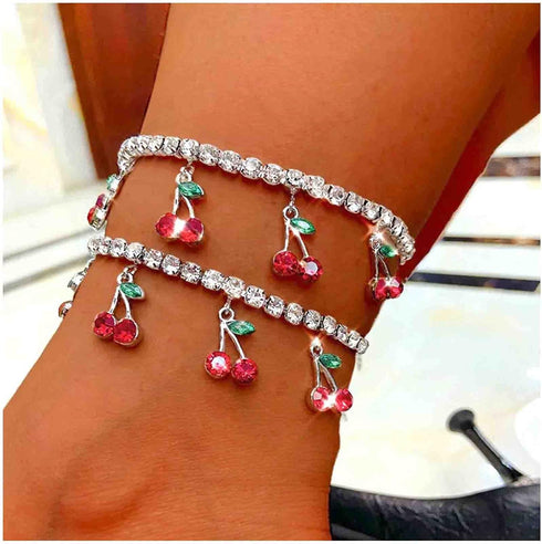 Bohemian Cherry Anklets Cubic Rhinestone Dangle Ankle Bracelets Silver Tassel Fruit Anklet Sparkle Tennis Chain Anklets Foot Jewelry for Women...
