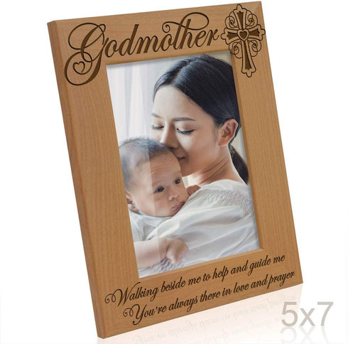 KATE POSH - Godmother Engraved Natural Wood Picture Frame, Cross Decor, Gift from Godchild, Baptism, Religious Catholic Thank You (5" x 7" Vertica...