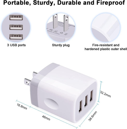 USB Wall Charger Adapter, 18W/3Amp Fast Multiple 3-Ports USB Plug Charger Block Cube Charger Box USB Brick Charging Base Compatible iPhone 15 14 1...