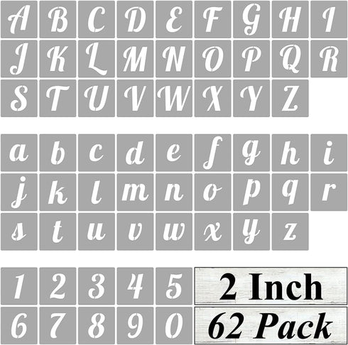 2 Inch Alphabet Letter Stencils for Painting - 62 Pack Letter and Number Stencil Templates for Painting on Wood, Reusable Cursive Numbers and Lett...