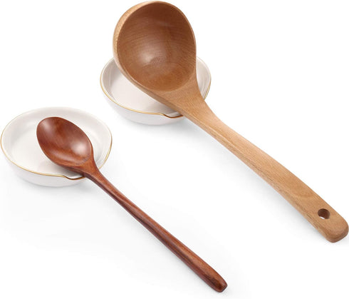 2 Pieces Gold Trim Ceramic Spoon Rest for kitchen,4 Inches Spoon Holder for Stove Top Spatula Holder, Coffee Spoon Rest Cradle, Kitchen Utensils A...