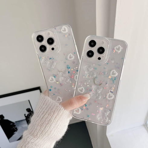 Fycyko Phone Case for iPhone 13,Cute 3D Bear Glitter Bling Pearl Love Heart Clear Design for iPhone 13 Case Women Girl Shockproof Camera Protect-6...