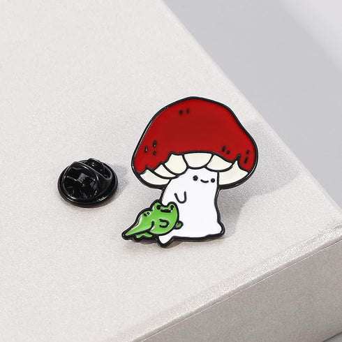 Lovely Mushroom and Frog Enamel Brooch Pin - Charming Lapel Pins Jewelry...