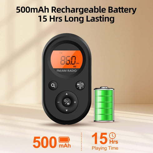 Personal Pocket Radio AM/FM Portable, Rechargeable Transistor Radio with Best Reception, Long Battery Life, Stereo Headphones, Sleep Timer, Backli...
