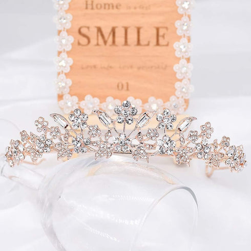 Bridal Rhinestone Crystal Tiara Crown for Women Flower Girls Wedding Prom Birthday Pegeant Veil Tiaras Headband, Rose Gold...