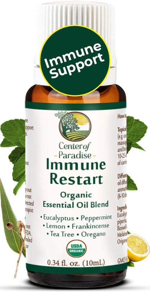 Center of Paradise Immune Restart Organic Essential Oil Blend for Immune Support* (10 ml) - USDA Certified & Non-GMO Blend of Eucalyptus, Peppermi...
