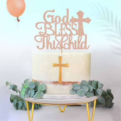 God Bless this Children Cake Topper, Rose Gold Glitter Baptism Cake Toppers for Girl Boy Christening, First Communion Baby Shower - Handmade (6.7'...