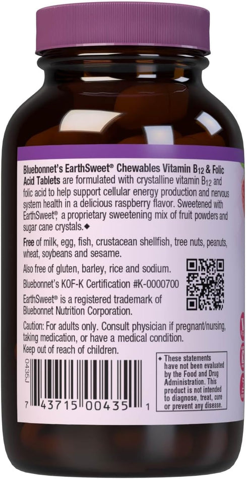 Bluebonnet Nutrition Earth Sweet Vitamin B12 1000 mcg & Folic Acid 400mcg Brain Health & Energy* Vitamins for Women & Men - Vegan, Gluten-Free Ras...