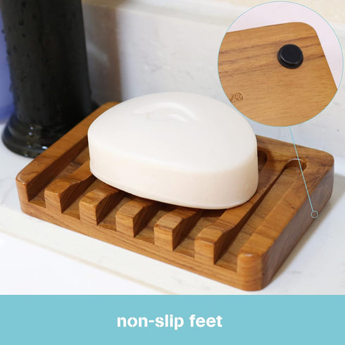 Soap Dish with Slanted Waterfall Design by HTB, Bar Soap Holder Teak Wood, Soap Saver for Shower, Bathroom, Sink, Kitchen and Countertop...