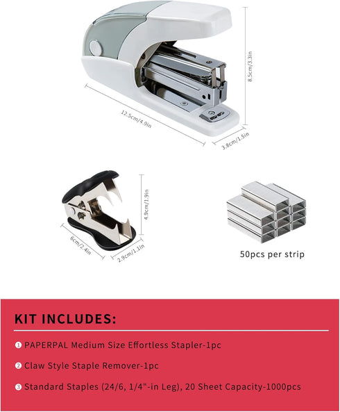 Effortless Standard Stapler Set, 20 Sheet Capacity, Half Strip, Built-in Staples Storage, Holds 1/4" Staples, includes 1000 Staples and A Staple R...