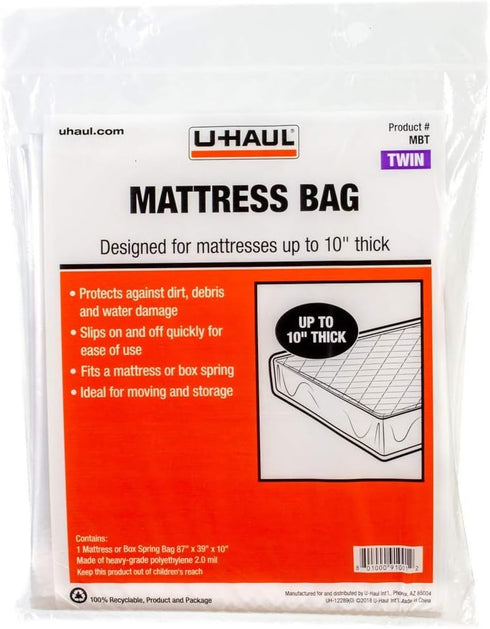 U-Haul Standard Twin Mattress Bag – Moving & Storage Cover for Mattress or Box Spring - 87” x 39” x 10”...