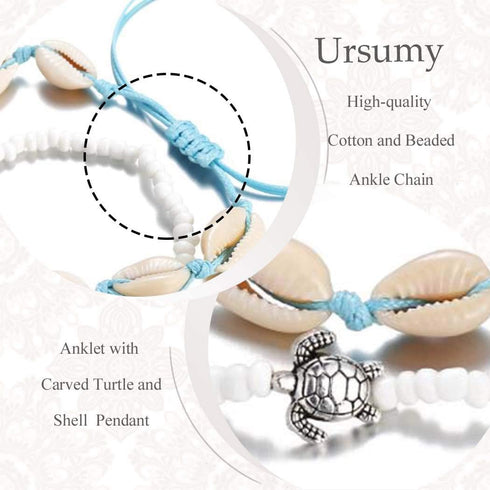 Boho Beaded Anklets Shell Ankle Bracelets with Silver Turtle Foot Chain Jewelry for Women 2Pcs...