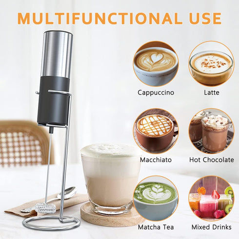 Milk frother, battery powered milk frother, stainless steel milk frother, milk frother with stand, double head mini blender, stainless steel stand...
